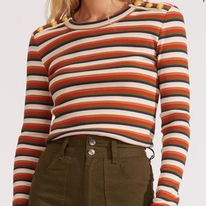 Veronica Beard Mayer Multicolor Stripe Ribbed Top with Button Shoulder Detail